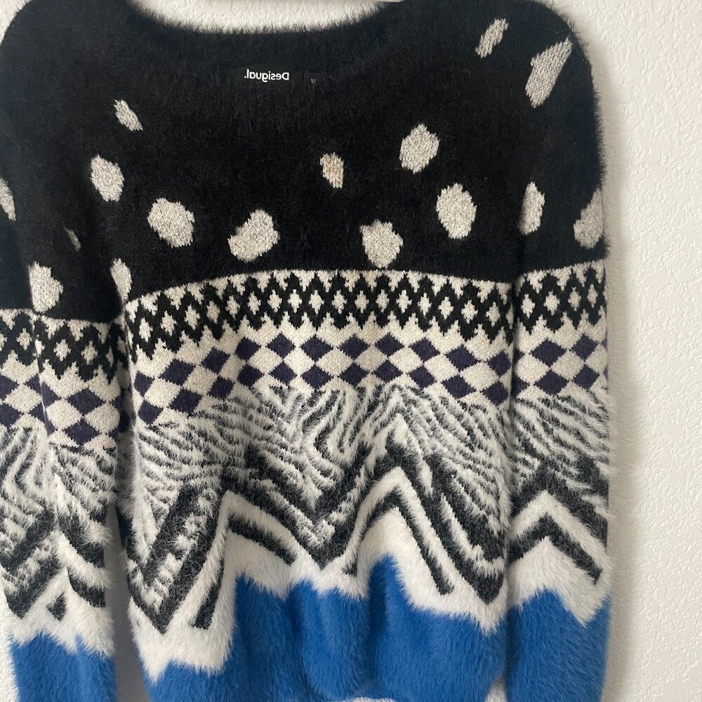 Desigual Fuzzy Knit Patterned Sweater Size M - image 2